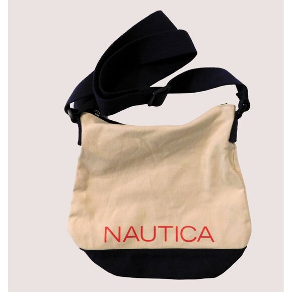 Nautica Canvas Bucket Shoulder Bag Beige Navy Blue Red Crossbody Purse Adj Strap - Picture 1 of 9